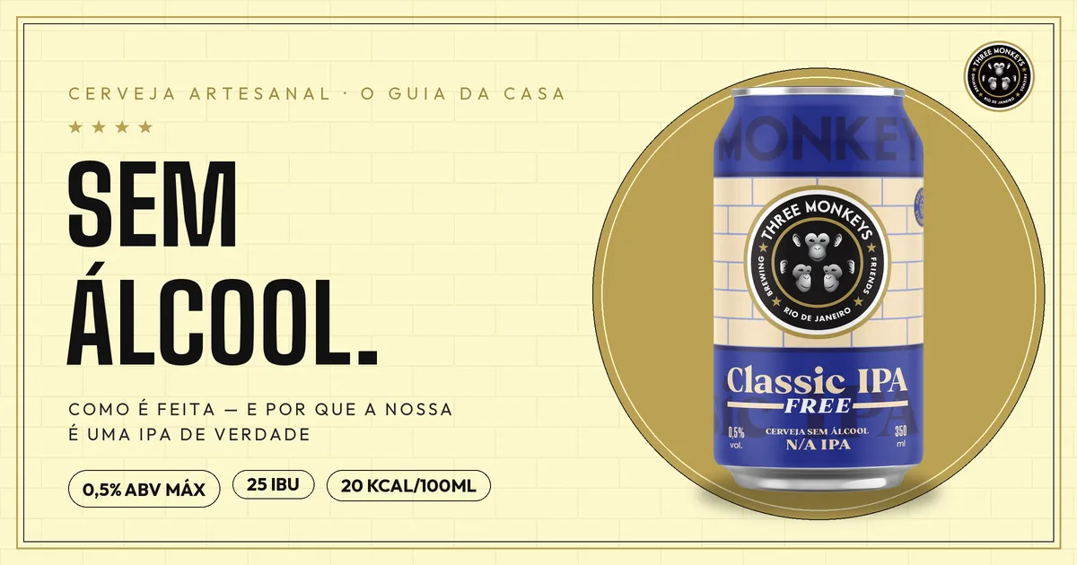 Lata da Classic IPA Free, cerveja sem álcool da Three Monkeys Beer, sobre disco dourado com o texto "Sem álcool: como é feita e por que a nossa é uma IPA de verdade"