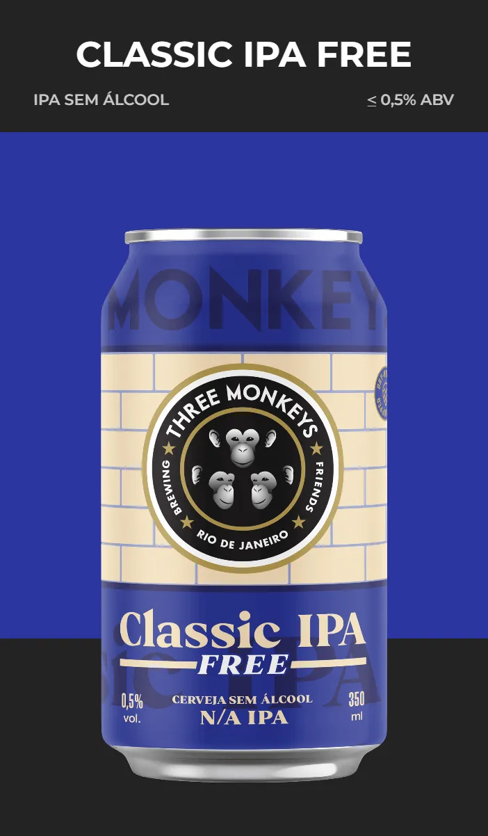 Classic IPA Free — IPA sem álcool, até 0,5% ABV, da Three Monkeys Beer
