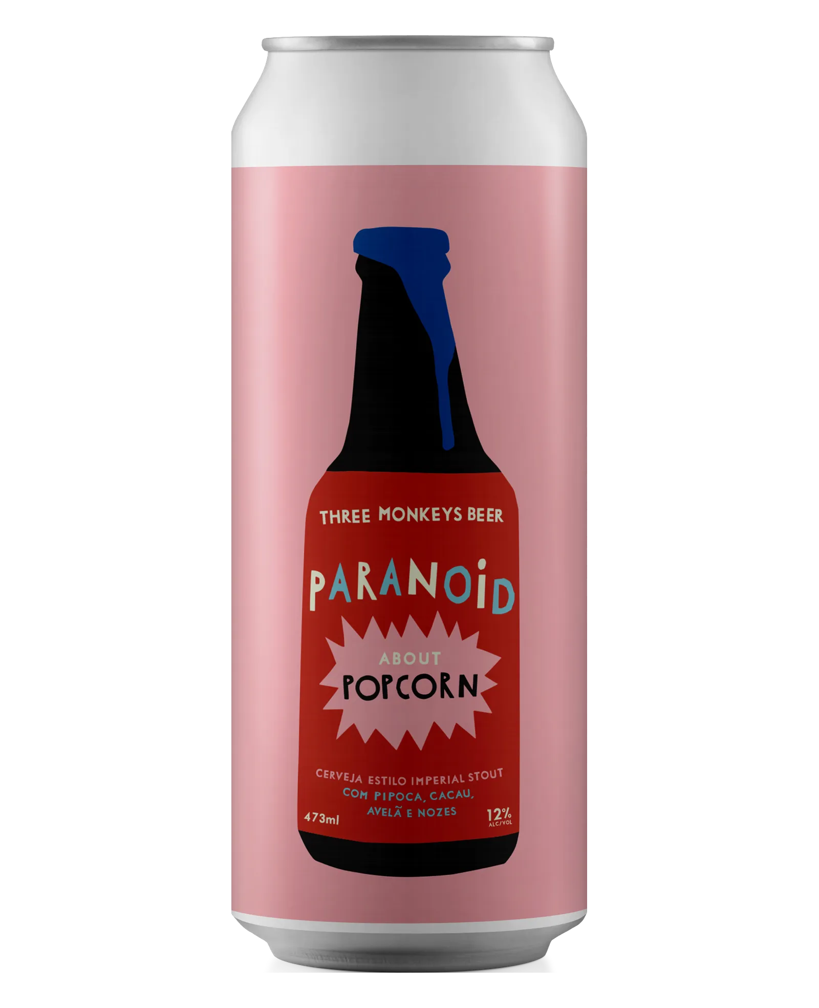 Lata de 473ml da cerveja Paranoid About Popcorn, da Three Monkeys Beer